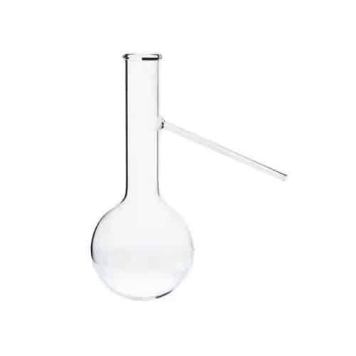 Balão para destilação, gargalo longo, fundo redondo e saída lateral, fabricado em vidro borosilicato 3.3