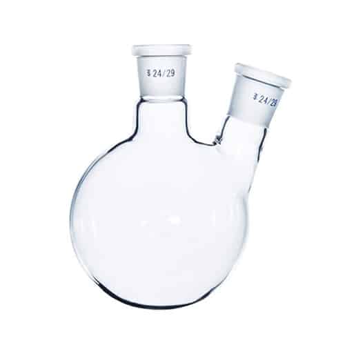 Balão fundo redondo com ou fundo chato, com 2 juntas esmerilhadas paralelas ou angulares 24/40, fabricado em vidro borosilicato 3.3