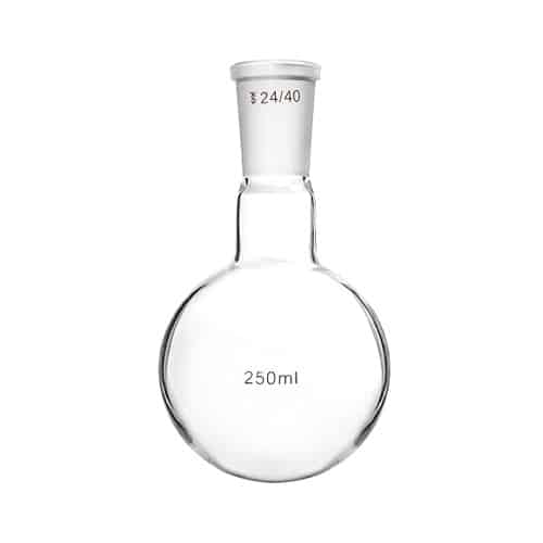 Balão fundo redondo com ou fundo chato, com 1 junta esmerilhada 24/40, fabricado em vidro borosilicato
